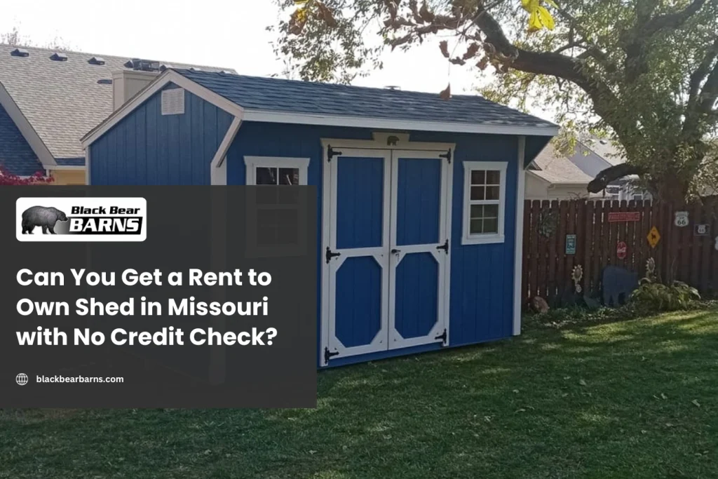 Modern portable rent to own shed at Black Bear Barns in Missouri featuring durable siding, double doors, and flexible no credit check payment options.